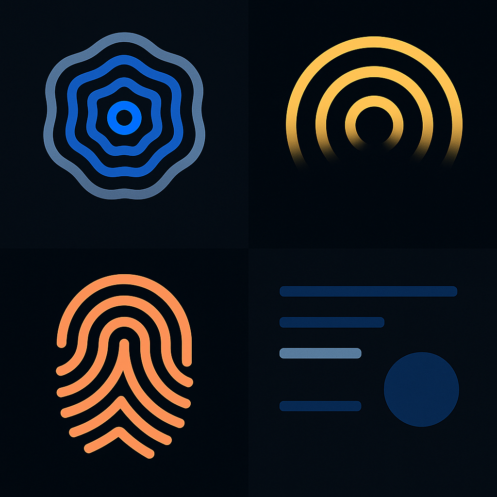 A 2x2 grid on a light background featuring abstract icons that represent sound (waves), sight (rays), touch (a fingerprint pattern), and readability (lines and a circle). No text.